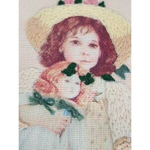 Vtg Victorian Girl with Doll Needlepoint Embroidery Textile Art Unfinished
